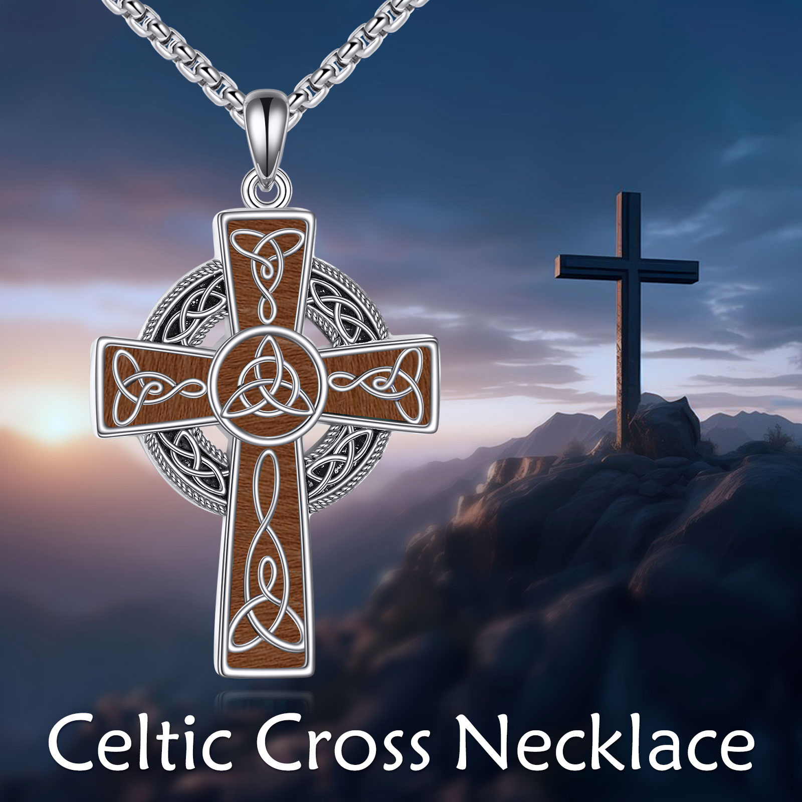 Women's 925 Sterling Silver Wooden Celtic Cross Necklace